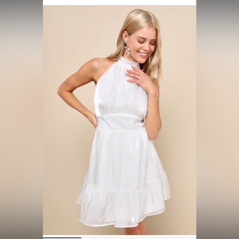 Lulus Luxurious Poise Shiny White Organza Halter Mini Dress size medium